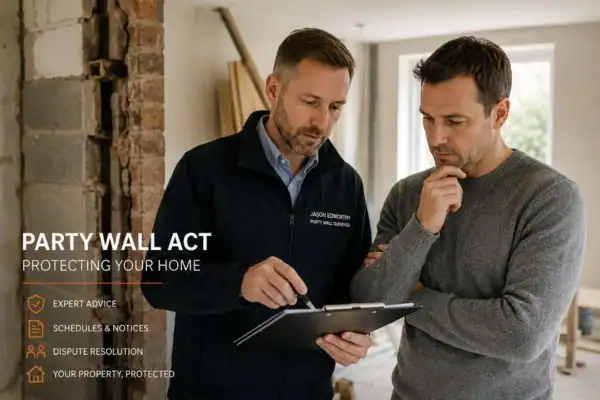 Party wall surveyor Nuneaton discussing extension plans with homeowner outside a UK semi-detached house.